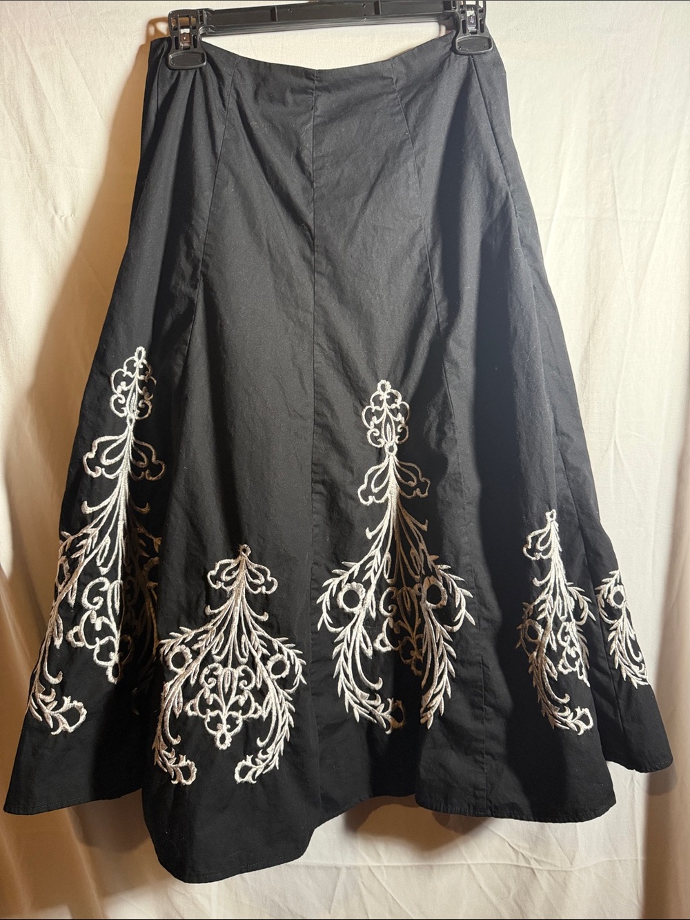 Sunny Leigh Black A-Line Skirt with White Embroidered Scrolls
